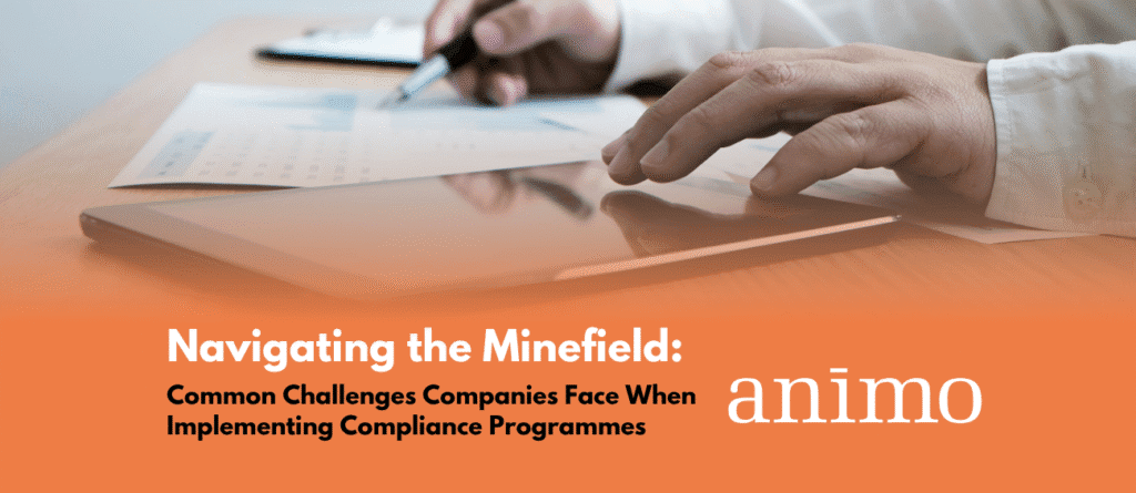 Illustration of a business team reviewing compliance programme documents and digital dashboards with charts and regulations.