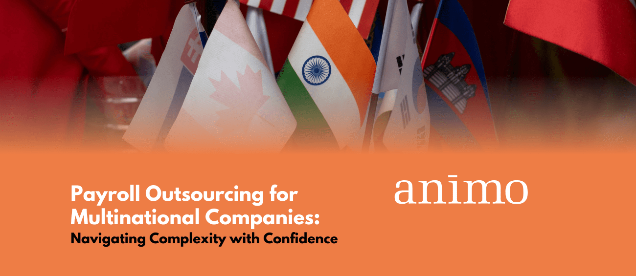 Graphic header for ‘Payroll Outsourcing for Multinational Companies’ featuring international flags.